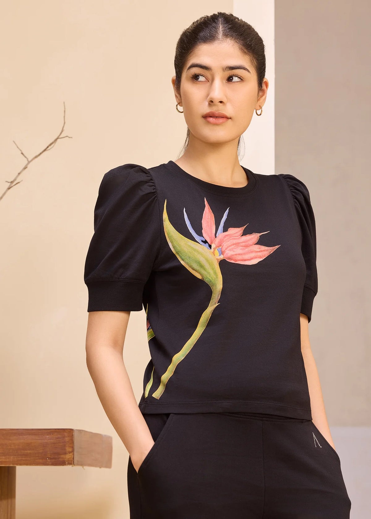 iCotton Print Pouf Sleeve Top