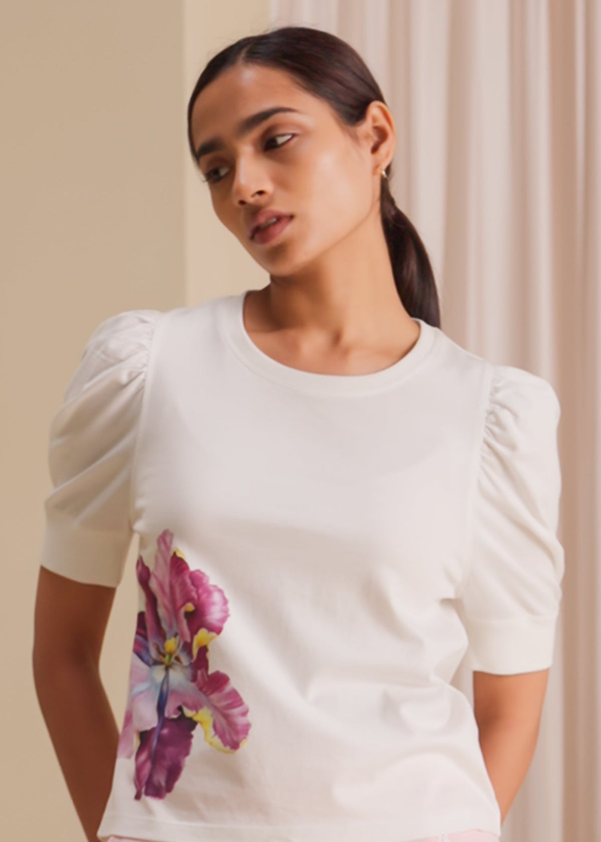 iCotton Print Pouf Sleeve Top